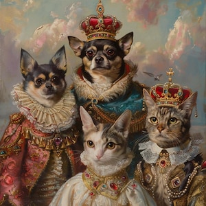 4 Pets Royal Portrait Custom Gift – Funny Christmas Pet Painting, Renaissance Dog & Cat Wall Art, King Pet Portrait from Photo