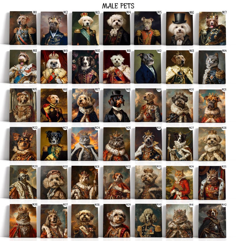 Pode incluir: Uma colagem de 42 imagens que apresentam v&aacute;rios animais de estima&ccedil;&atilde;o vestidos com trajes reais, incluindo c&atilde;es, gatos e um coelho. Cada animal de estima&ccedil;&atilde;o &eacute; retratado em um estilo de retrato, com uma coroa, uma faixa e outros acess&oacute;rios reais. As imagens s&atilde;o organizadas em um padr&atilde;o de grade, com cada imagem rotulada com um n&uacute;mero.