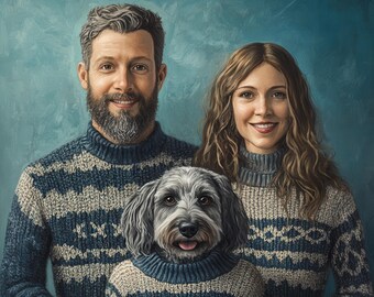 Custom Family Portrait Couple with Dog Twinning Ugly Sweater Art Personalized Christmas Gift