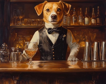 Custom Bartender Dog Portrait: Unique Pet Bar Art Gift