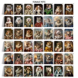 Op de afbeelding: Een collage van 42 afbeeldingen met verschillende huisdieren die in koninklijke kleding zijn gekleed. Elk huisdier draagt een kroon en een chique jurk, sommige houden scepters of andere koninklijke accessoires vast. De huisdieren zijn een mix van katten en honden, en ze zijn allemaal in een koninklijke houding geposeerd. De afbeeldingen zijn in een rasterpatroon gerangschikt en ze zijn allemaal tegen een neutrale achtergrond geplaatst.