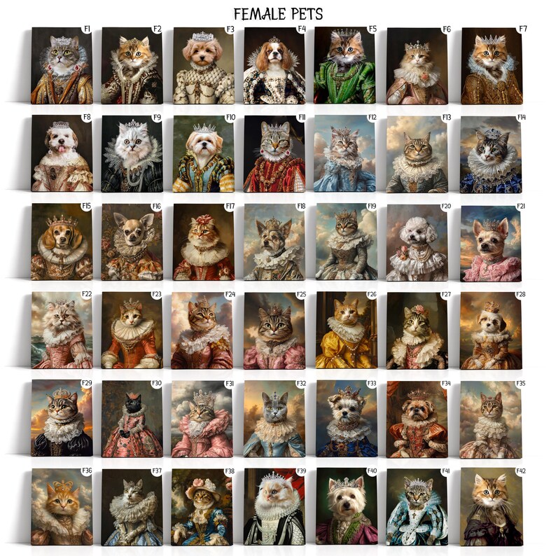 Op de afbeelding: Een collage van 42 afbeeldingen met verschillende huisdieren die in koninklijke kleding zijn gekleed. Elk huisdier draagt een kroon en een chique jurk, sommige houden scepters of andere koninklijke accessoires vast. De huisdieren zijn een mix van katten en honden, en ze zijn allemaal in een koninklijke houding geposeerd. De afbeeldingen zijn in een rasterpatroon gerangschikt en ze zijn allemaal tegen een neutrale achtergrond geplaatst.