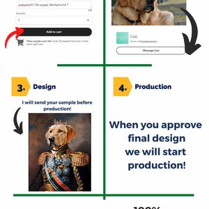 Pode incluir: Um guia de quatro etapas sobre como encomendar um retrato personalizado do seu animal de estima&ccedil;&atilde;o. As etapas s&atilde;o: Adicionar ao carrinho, Enviar foto, Design e Produ&ccedil;&atilde;o. A imagem inclui um exemplo de um retrato personalizado de um c&atilde;o com uma coroa e um uniforme militar. O texto "Revis&atilde;o ilimitada!" e "Garantia de devolu&ccedil;&atilde;o do dinheiro de 100%!" tamb&eacute;m est&aacute; inclu&iacute;do.