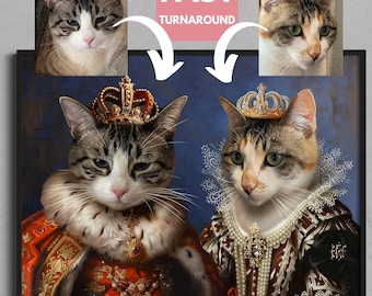 Custom Royal Cat Couple Portrait Quick Turnaround Two Pets Gift Canvas Wall Art
