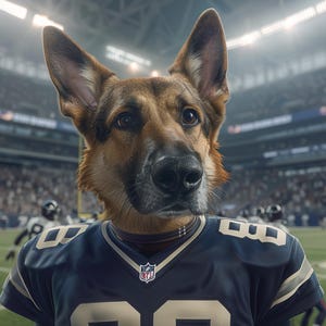Op de afbeelding: Een Duitse herdershond draagt een marineblauw American football-shirt met het nummer 88 in het wit. Het shirt heeft witte en gouden accenten en een NFL-logo. De hond staat in een stadion.