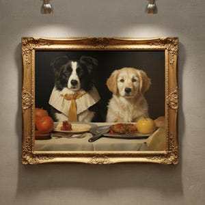 May include: A framed painting depicts two dogs at a table. A black and white Border Collie wears a ruffled collar and a yellow tie. A Golden Retriever sits beside it. The table is set with food, including tomatoes, cheese, and a cooked dish.