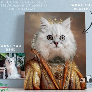 Custom Royal Cat Portrait: White Persian cat transformed into a Queen. Funny and personalized photo to canvas wall art, perfect Christmas gift for cat dads and moms.
