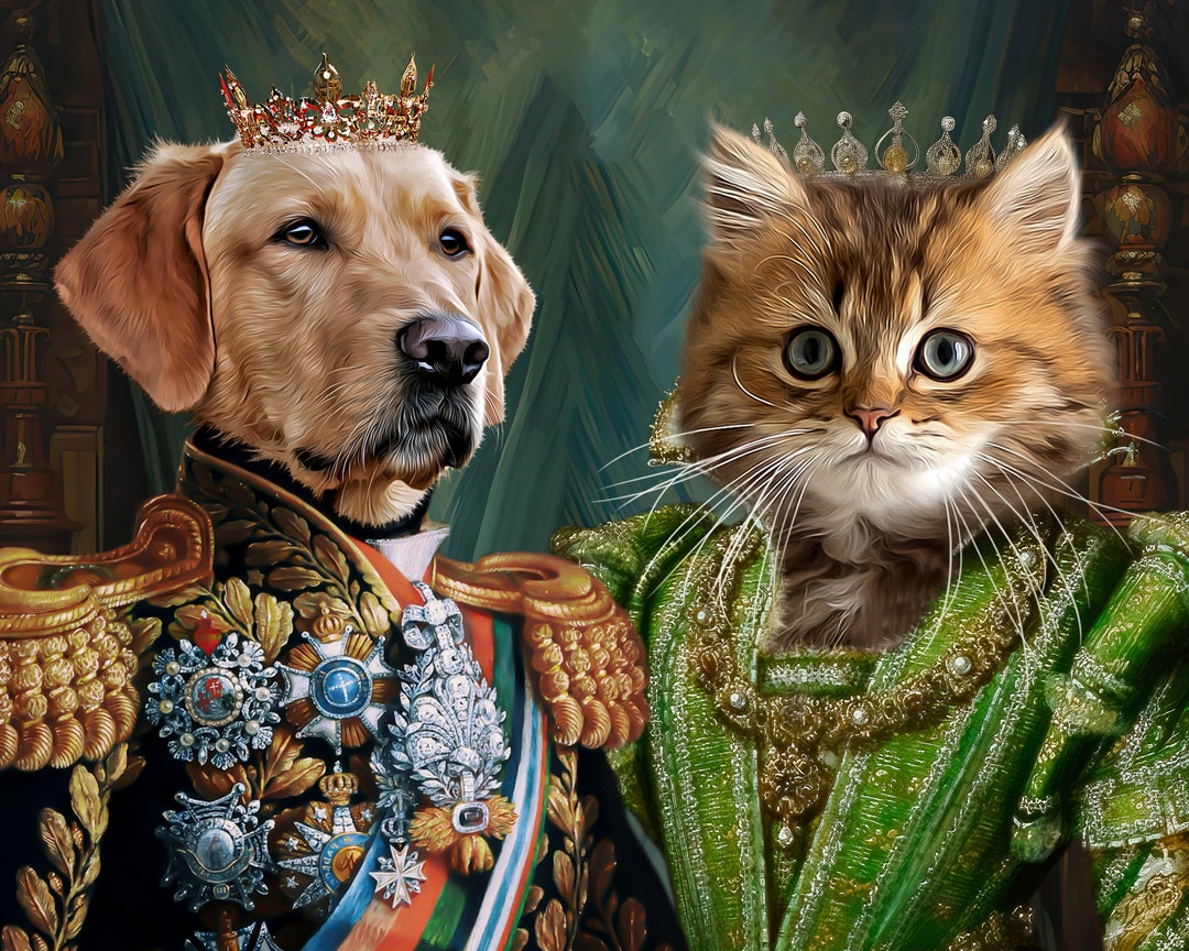 Custom Royal Cat and Dog Portrait King Queen Couple Personalized ...