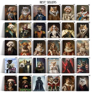 Pode incluir: Uma colagem de 30 imagens com v&aacute;rias mascotas vestidas com trajes reais, incluindo c&atilde;es e gatos que usam coroas, t&uacute;nicas e outros acess&oacute;rios reais. As imagens est&atilde;o dispostas em um formato de grade com o t&iacute;tulo "BEST SELLERS" no topo.