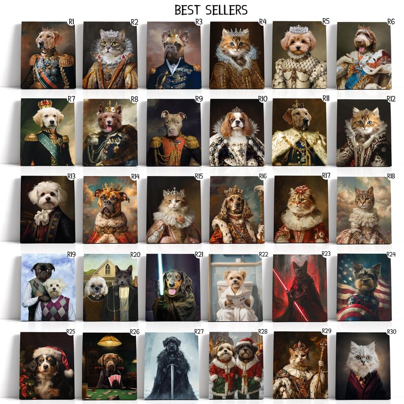 Pode incluir: Uma colagem de 30 imagens com v&aacute;rias mascotas vestidas com trajes reais, incluindo c&atilde;es e gatos que usam coroas, t&uacute;nicas e outros acess&oacute;rios reais. As imagens est&atilde;o dispostas em um formato de grade com o t&iacute;tulo "BEST SELLERS" no topo.