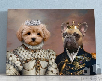 May include: A painting of two dogs dressed in royal attire. The dog on the left is a small, light brown poodle wearing a white and gold dress with a crown. The dog on the right is a French bulldog wearing a blue and gold military uniform with a crown.