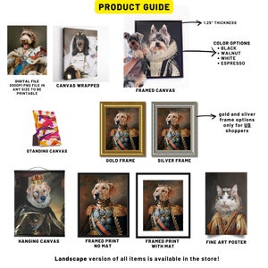 Op de afbeelding: Productgids voor aangepaste huisdierportretten. Kies uit een verscheidenheid aan canvasprints, ingelijste prints en posters. Opties omvatten canvas gewikkeld, ingelijst canvas, staand canvas, hangend canvas, ingelijste print met of zonder passe-partout, en kunstposter. De ingelijste canvasopties omvatten gouden of zilveren frames. De canvasprints zijn 1,25 inch dik. Gouden en zilveren frameopties zijn alleen beschikbaar voor Amerikaanse shoppers.