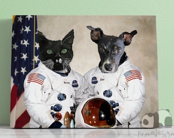Custom 2 Pet Astronaut Portrait from Photo, Modern Animal Painting, Funny Pet Lover Gift, Custom Dog Portrait, Pet Portrait Royal