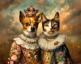 Custom Royal Pet Portrait, Two Pets, Funny Pet Lover Gift