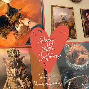 K&ouml;nnte beinhalten: Eine Collage aus vier Bildern mit individuellen Haustierportraits. Das obere linke Bild zeigt eine braune getigerte Katze. Das obere rechte Bild zeigt einen wei&szlig;en Hund, der eine rot-goldene Uniform tr&auml;gt. Das untere linke Bild zeigt einen schwarz-braunen Chihuahua, der ein gold-schwarzes Kost&uuml;m tr&auml;gt. Das untere rechte Bild zeigt einen braunen Pudel, der ein blau-goldenes Kost&uuml;m tr&auml;gt. Die Bilder sind von einem roten Herzen mit dem Text "Happy 1000+ Customers" und "Thank you! Prime Design Arts" umgeben.