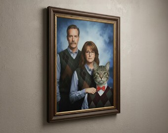 Personalized Funny Couple with Cat Portrait from Photo Awkward Family Retro Gift Canvas, Ornament