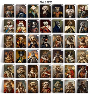 Op de afbeelding: Een collage van 42 afbeeldingen met verschillende honden en katten die gekleed zijn in koninklijke kleding, waaronder kronen, mantels en andere koninklijke accessoires. De afbeeldingen zijn gerangschikt in een rasterpatroon, waarbij elke afbeelding is gelabeld met een nummer.