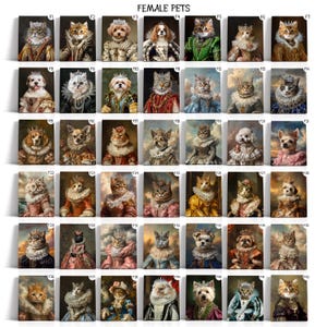 Pode incluir: Uma colagem de 42 imagens com v&aacute;rias mascotas vestidas com trajes reais. Cada mascota usa uma coroa e um vestido elegante, com uma variedade de cores e padr&otilde;es. As imagens est&atilde;o dispostas em um formato de grade, com cada imagem etiquetada com um n&uacute;mero.
