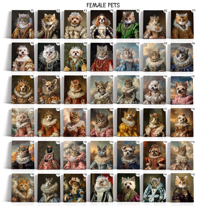 Pode incluir: Uma colagem de 42 imagens com v&aacute;rias mascotas vestidas com trajes reais. Cada mascota usa uma coroa e um vestido elegante, com uma variedade de cores e padr&otilde;es. As imagens est&atilde;o dispostas em um formato de grade, com cada imagem etiquetada com um n&uacute;mero.