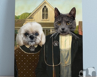 Custom American Gothic Pet Portrait Funny Couple Art Personalized Christmas Gift Canvas Decor