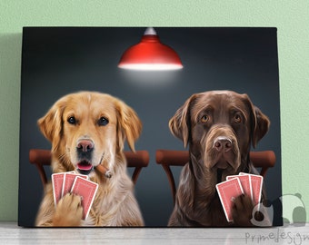 Custom Funny 2 Pet Portrait Dogs Playing Poker Art Personalized Man Cave Gift