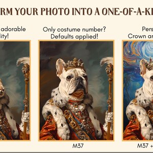 May include: Three digital paintings of animals wearing royal costumes. The first image shows a rabbit wearing a red and gold robe with a crown and holding a scepter. The second image shows a dog wearing a red and gold robe with a crown and holding a scepter. The third image shows a dog wearing a red and gold robe with a crown and holding a scepter. The background is a swirling blue and white pattern.