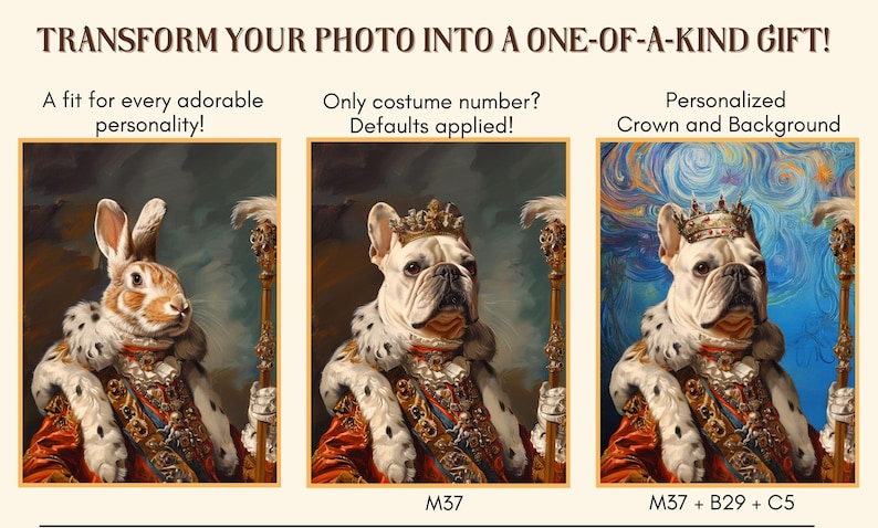 May include: Three digital paintings of animals wearing royal costumes. The first image shows a rabbit wearing a red and gold robe with a crown and holding a scepter. The second image shows a dog wearing a red and gold robe with a crown and holding a scepter. The third image shows a dog wearing a red and gold robe with a crown and holding a scepter. The background is a swirling blue and white pattern.