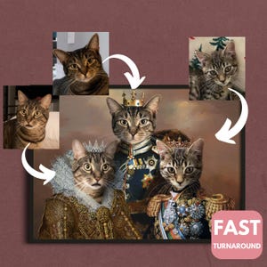 Może przedstawiać: Obraz przedstawiający trzy koty ubrane w królewskie stroje. Kot w środku nosi niebiesko-złoty mundur z koroną. Kot po lewej stronie nosi złotą suknię z koroną. Kot po prawej stronie nosi czerwono-złoty mundur z koroną.