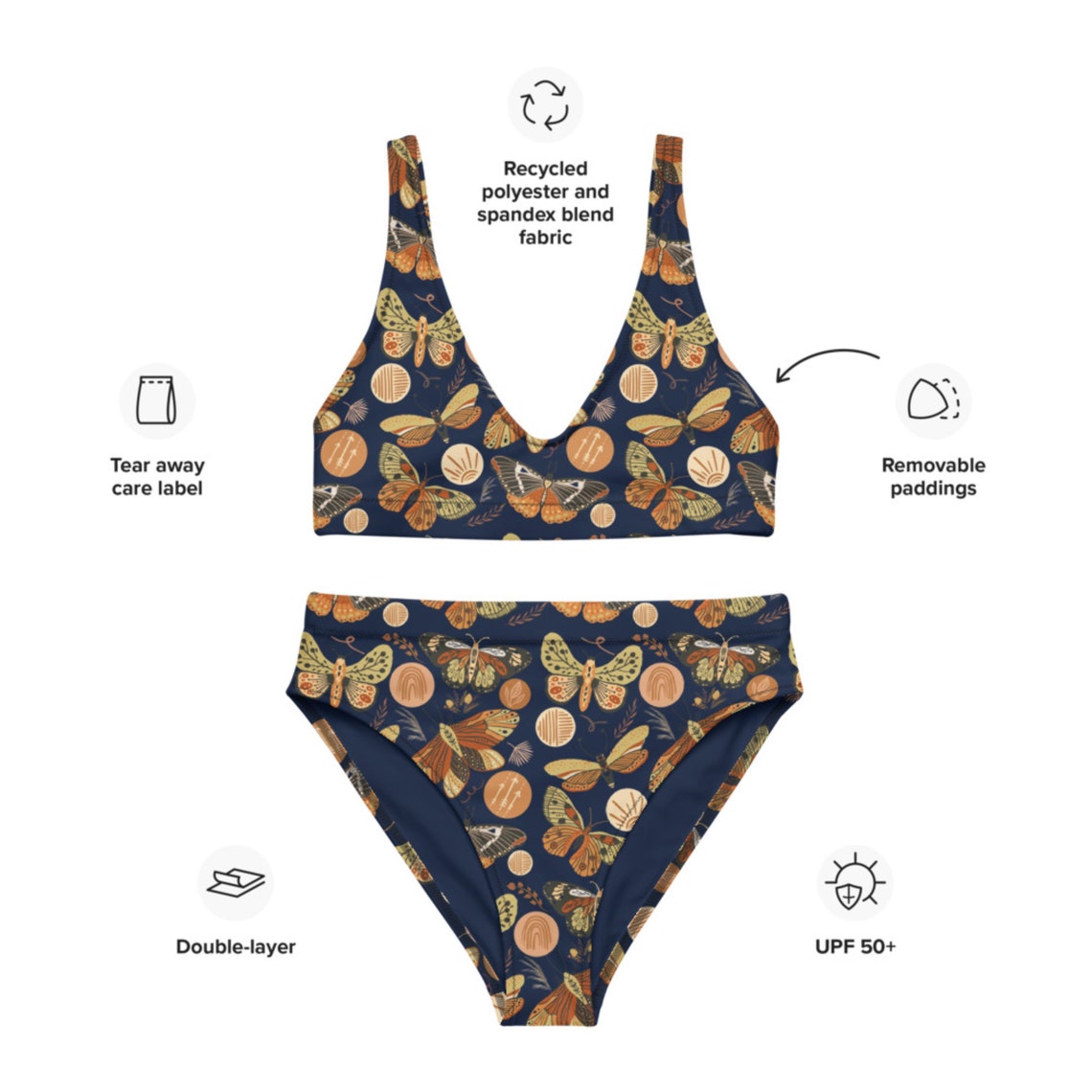 Navy Boho Butterfly High-waisted Bikini Unique Bohemian - Etsy