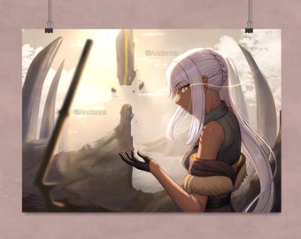 May include: A fantasy art print featuring a woman with white hair and a black outfit, set against a backdrop of a surreal landscape with floating rock formations and a bright light source. The artist's name, @Andonez, is visible.
