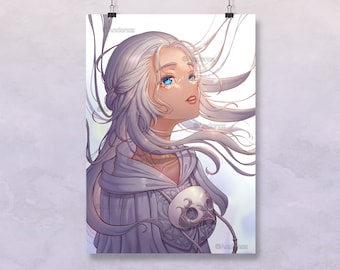 May include: A digital illustration of a woman with long white hair wearing a white hooded robe with a decorative skull design. The woman has blue eyes and is looking up.