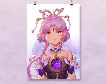 May include: A digital illustration of a woman with long purple hair wearing a purple and gold outfit with a constellation design. The text "Fu Xuan By Andonez" is in the bottom right corner.