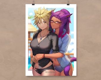 May include: Two women, one with blonde hair and the other with purple hair, are standing close together. The woman with blonde hair is wearing a black shirt with a white collar and a black skirt. The woman with purple hair is wearing a blue shirt with a white collar and a black skirt. They are both smiling and looking at the camera.