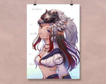 May include: A digital illustration of a woman with long, flowing red and white hair. She is wearing a white and black outfit with a wolf mask on her head. The background is a light blue with white dots.