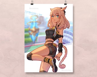 May include: A digital art print featuring a character with cat-like features, wearing a black and yellow outfit, and a tail. The artwork is set against a blurred background with the text "Crystalline Conflict x Monk" and the artist's name.