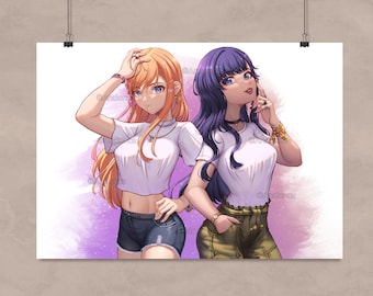 May include: Two anime-style women with long hair. One has blonde hair and is wearing a white t-shirt, denim shorts, and a necklace. The other has dark blue hair and is wearing a white t-shirt, khaki pants, and a gold bracelet.