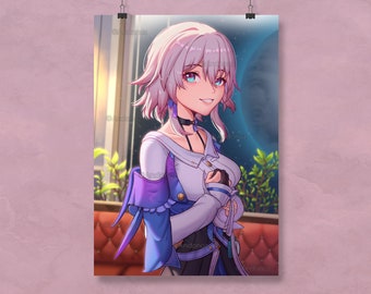May include: A young woman with long, pale pink hair and blue eyes is wearing a white and blue outfit with a purple and blue sash. She is smiling and looking to the right. The background is a blurry image of a room with a window and a plant.