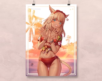 May include: A digital illustration of a woman with long blonde hair and a cat tail. She is wearing a red and white bikini top with a floral pattern and a red bikini bottom. She is standing on a beach with a sunset in the background.