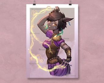 May include: A purple and brown steampunk-style costume with a golden belt and gears. The character has brown hair, green eyes, and cat ears. The background is a light pink.