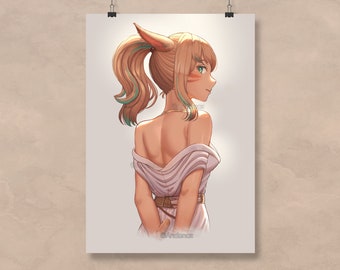 May include: A digital illustration of a woman with long blonde hair tied back in a ponytail. She has orange and green markings on her face and is wearing a white dress with a brown belt. The background is a light beige color.