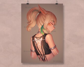 May include: A woman with blonde hair and fox ears wears a black top with white tribal-style markings. She has green feathers in her hair and a beaded necklace.