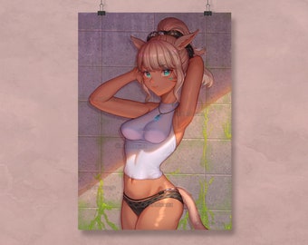 May include: Art print featuring a character with cat-like ears and a tail, wearing a white top and black underwear. The character has light skin, teal eyes, and light brown hair. The background is a tiled wall with green vines.