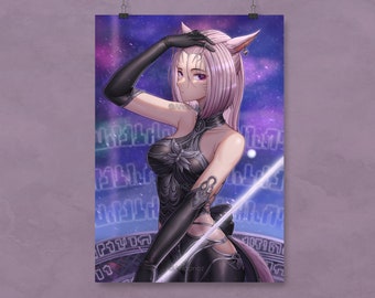 May include: A woman with pink hair and cat ears wears a black, form-fitting outfit with a silver design. She holds a white lightsaber in her right hand. The background is a purple and blue nebula with white text.