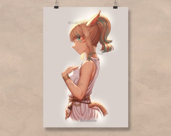 May include: A digital illustration of a woman with cat ears and a tail. She has long, blonde hair with teal streaks and is wearing a white sleeveless dress with a gold belt. The background is a soft, light beige.