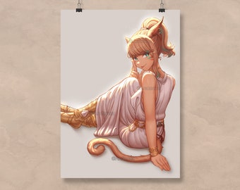 May include: A digital art print of a character with cat-like features, wearing a white dress and gold accessories. The character has light brown hair, cat ears, and a tail. The artwork is on a poster, held by a clip.