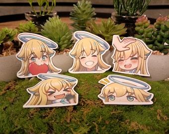 May include: Five colorful stickers featuring a cartoon character with blonde hair and a halo. The character is shown with different expressions, including smiling, blushing, and surprised. The stickers are perfect for adding a touch of whimsy to laptops, water bottles, or journals.