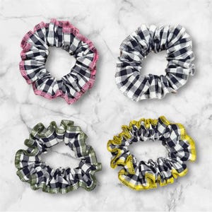 Gingham Ruffle skinny Scrunchie Set – Handmade Hair Accessories | Soft Checkered Elastic with Colorful Trim