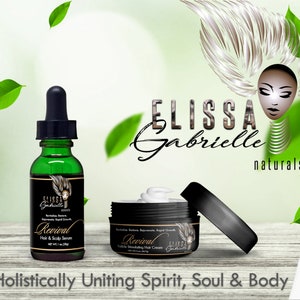 May include: An advertisement for Elissa Gabrielle Naturals hair care products. The image features a green glass bottle with a dropper and a black jar, both labeled "Revival." The text reads "Hair & Scalp Serum" and "Follicle Stimulating Hair Cream." The background includes green leaves and the brand name.