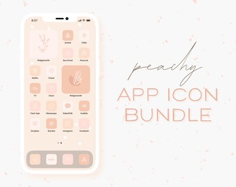May include: A peach-coloured phone screen with a grid of app icons. The icons are in a peachy colour scheme with white outlines. The text "peachy APP ICON BUNDLE" is at the top of the screen.