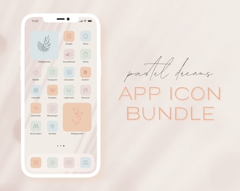 May include: A phone screen displaying a collection of pastel-coloured app icons with simple line drawings. The icons are organised in a grid pattern and include apps like Google, Instagram, and Calendar. The text "pastel dreams APP ICON BUNDLE" is displayed above the phone screen.